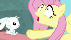 Size: 1920x1080 | Tagged: safe, screencap, character:angel bunny, character:fluttershy, species:pony, species:rabbit, episode:she talks to angel, g4, my little pony: friendship is magic, animal, body swap, bruised, duo, female, male, mare, open mouth, pillow, shrunken pupils