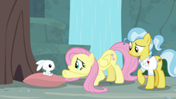 Size: 1920x1080 | Tagged: safe, screencap, character:angel bunny, character:doctor fauna, character:fluttershy, species:earth pony, species:pegasus, species:pony, species:rabbit, episode:she talks to angel, g4, my little pony: friendship is magic, animal, body swap, clothing, confused, female, male, mare, pillow, ponytail, raised eyebrow, raised hoof, shirt, tail wrap, trio, vet