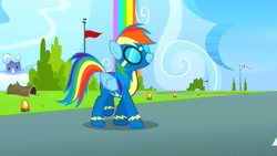 Size: 1280x720 | Tagged: safe, screencap, character:rainbow dash, species:pegasus, species:pony, episode:newbie dash, g4, my little pony: friendship is magic, clothing, female, goggles, imminent disaster, mare, rainbow waterfall, solo, suit, uniform, wonderbolts, wonderbolts uniform