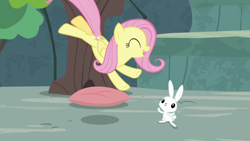 Size: 1920x1080 | Tagged: safe, screencap, character:angel bunny, character:fluttershy, species:pegasus, species:pony, species:rabbit, episode:she talks to angel, g4, my little pony: friendship is magic, animal, duo, eyes closed, female, leaping, male, mare, pillow