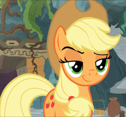 Size: 1011x939 | Tagged: safe, screencap, character:applejack, species:earth pony, species:pony, episode:shadow play, g4, my little pony: friendship is magic, cropped, dreamworks face, lidded eyes, raised eyebrow, smiling, smirk, smug, smugjack, solo