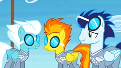 Size: 1280x720 | Tagged: safe, screencap, character:fleetfoot, character:soarin', character:spitfire, species:pegasus, species:pony, episode:rainbow falls, g4, my little pony: friendship is magic, clothing, female, flight suit, goggles, male