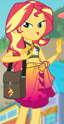 Size: 487x946 | Tagged: safe, screencap, character:sunset shimmer, equestria girls:forgotten friendship, g4, my little pony:equestria girls, belly button, bikini, bikini top, blurred background, building, clothing, cropped, cute, drone, female, forest background, geode of empathy, jewelry, legs, lidded eyes, magical geodes, midriff, necklace, outdoors, sarong, sexy, shimmerbetes, shoulder bag, sky, sleeveless, smiling, solo, sun, swimsuit, wristband