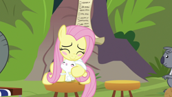 Size: 1920x1080 | Tagged: safe, screencap, character:angel bunny, character:fluttershy, character:muriel, species:pony, species:rabbit, episode:she talks to angel, g4, my little pony: friendship is magic, animal, blush sticker, blushing, checklist, cute, elephant, eyes closed, female, koala, male, mare, shyabetes, stool