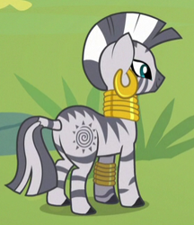 Size: 280x324 | Tagged: safe, screencap, character:zecora, species:pony, species:zebra, episode:she talks to angel, g4, my little pony: friendship is magic, beautiful, butt, cropped, cutie mark, ear piercing, earring, female, jewelry, leg rings, mare, mohawk, neck rings, piercing, plot, quadrupedal, smiling, solo, tied tail