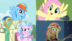 Size: 1280x720 | Tagged: safe, screencap, character:fluttershy, character:rainbow dash, character:silverstream, character:sunset shimmer, episode:filli vanilli, episode:let it rain, episode:the mysterious mare do well, episode:uprooted, g4, my little pony: friendship is magic, my little pony:equestria girls, acoustic guitar, blushing, cute, dashabetes, diastreamies, female, guitar, musical instrument, rain, shimmerbetes, shyabetes, split screen