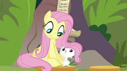 Size: 1920x1080 | Tagged: safe, screencap, character:angel bunny, character:fluttershy, episode:she talks to angel, g4, my little pony: friendship is magic, angelbetes, cute, looking at each other, shyabetes, sitting
