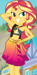 Size: 465x947 | Tagged: safe, screencap, character:sunset shimmer, equestria girls:forgotten friendship, g4, my little pony:equestria girls, adorasexy, belly button, bikini, bikini top, blurred background, building, clothing, cropped, cute, female, forest background, geode of empathy, hand on hip, jewelry, legs, lidded eyes, magical geodes, midriff, necklace, outdoors, pose, sarong, sexy, shimmerbetes, shoulder bag, sky, sleeveless, smiling, solo, sun, swimsuit, wristband