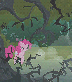 Size: 245x281 | Tagged: safe, screencap, character:pinkie pie, species:earth pony, species:pony, episode:too many pinkie pies, g4, my little pony: friendship is magic, animated, cropped, everfree forest, female, fog, mare, solo, walking