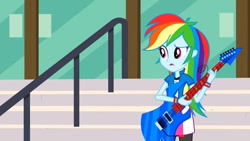 Size: 1280x720 | Tagged: safe, screencap, character:rainbow dash, equestria girls:friendship games, g4, my little pony:equestria girls, clothing, compression shorts, guitar, musical instrument, solo, wristband