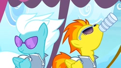 Size: 1280x720 | Tagged: safe, screencap, character:fleetfoot, character:spitfire, species:pegasus, species:pony, episode:rainbow falls, g4, my little pony: friendship is magic, bottle, clothing, drinking, female, mare, sunglasses, warmup suit, water bottle