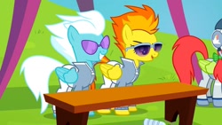 Size: 1280x720 | Tagged: safe, screencap, character:fleetfoot, character:spitfire, species:pegasus, species:pony, episode:rainbow falls, g4, my little pony: friendship is magic, clothing, female, sunglasses