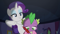Size: 1920x1080 | Tagged: safe, screencap, character:rarity, character:spike, species:dragon, species:pony, species:unicorn, episode:dragon dropped, g4, my little pony: friendship is magic, duckface, duo, female, male, mare, quill, spike's room, twilight's castle, winged spike