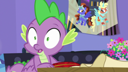 Size: 1920x1080 | Tagged: safe, screencap, character:spike, species:dragon, episode:dragon dropped, episode:power ponies, g4, my little pony: friendship is magic, male, quill, sagittiara, scroll, solo, spike's room, twilight's castle, winged spike, wonder mare (power ponies)