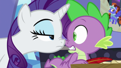Size: 1920x1080 | Tagged: safe, screencap, character:rarity, character:spike, species:dragon, species:pony, species:unicorn, episode:dragon dropped, g4, my little pony: friendship is magic, duo, female, male, mare, nose to nose, nose wrinkle, quill, spike's room, twilight's castle, winged spike