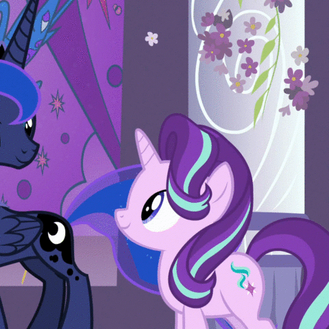 Size: 480x480 | Tagged: safe, screencap, character:princess luna, character:starlight glimmer, species:alicorn, species:pony, species:unicorn, derpibooru, episode:a royal problem, g4, my little pony: friendship is magic, absurd file size, absurd gif size, animated, cropped, cute, gif, glimmerbetes, juxtaposition, lavender, meta, smelling, solo focus
