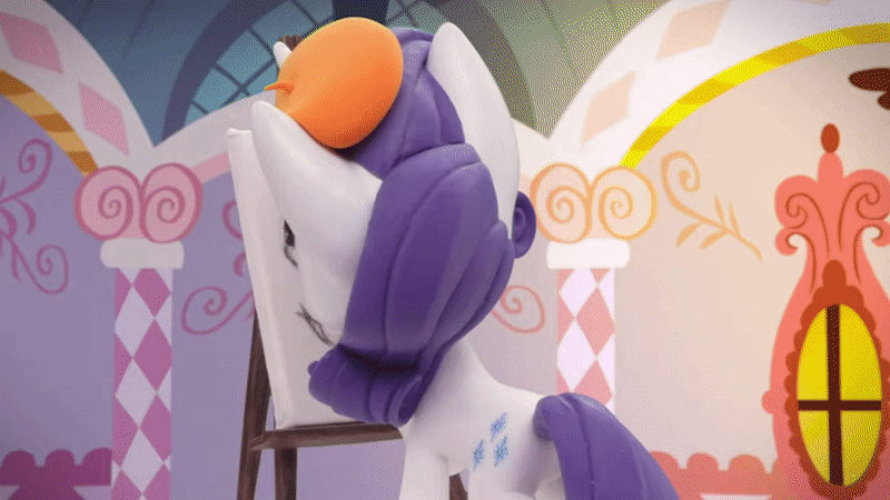 Size: 800x450 | Tagged: safe, screencap, character:rarity, species:pony, species:unicorn, g4.5, my little pony: stop motion short, my little pony:pony life, absurd file size, absurd gif size, animated, beret, clothing, drawing, easel, gif, hat, paint, paintbrush, painting, pencil drawing, rarity's paintful pony portrait, screaming, shocked, solo, stop motion, traditional art, unhappy, youtube link