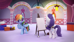 Size: 1920x1080 | Tagged: safe, screencap, character:rarity, species:pony, species:unicorn, g4.5, my little pony: stop motion short, my little pony:pony life, beret, clothing, drawing, easel, happy, hat, looking at something, magic, pencil, rarity's paintful pony portrait, solo, stop motion, telekinesis