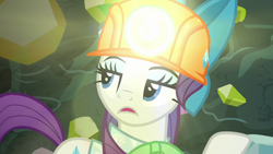 Size: 1920x1080 | Tagged: safe, screencap, character:rarity, species:pony, episode:dragon dropped, g4, my little pony: friendship is magic, female, gem cave, headlamp, helmet, light, mare, mining helmet, solo