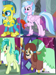 Size: 1210x1626 | Tagged: safe, screencap, character:gallus, character:sandbar, character:silverstream, character:yona, species:classical hippogriff, species:griffon, species:hippogriff, species:pony, species:yak, ship:gallstream, ship:yonabar, episode:the last problem, g4, my little pony: friendship is magic, cropped, female, male, offscreen character, older, older gallus, older sandbar, older silverstream, older yona, royal guard gallus, shipping, straight, wrong aspect ratio