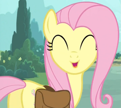 Size: 807x716 | Tagged: safe, screencap, character:fluttershy, episode:just for sidekicks, g4, my little pony: friendship is magic, :d, happy, saddle bag, solo