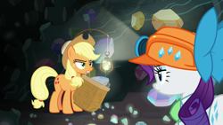 Size: 1920x1080 | Tagged: safe, screencap, character:applejack, character:rarity, species:earth pony, species:pony, species:unicorn, episode:dragon dropped, g4, my little pony: friendship is magic, basket, cave, clothing, duo, female, gem, gem cave, hard hat, hat, helmet, lantern, mare, mining helmet, mouth hold