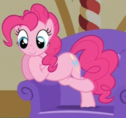 Size: 490x461 | Tagged: safe, screencap, character:pinkie pie, species:earth pony, species:pony, episode:just for sidekicks, g4, my little pony: friendship is magic, chair, cross legged, crossed hooves, cute, diapinkes, female, happy, looking down, mare, smiling, solo