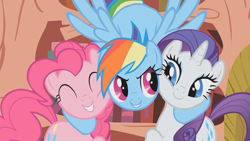Size: 1280x720 | Tagged: safe, screencap, character:pinkie pie, character:rainbow dash, character:rarity, species:earth pony, species:pegasus, species:pony, species:unicorn, episode:dragonshy, g4, my little pony: friendship is magic, eyes closed, female, flying, grin, happy, mare, smiling
