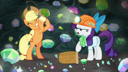 Size: 1920x1080 | Tagged: safe, screencap, character:applejack, character:rarity, species:earth pony, species:pony, species:unicorn, episode:dragon dropped, g4, my little pony: friendship is magic, applejack's hat, basket, bipedal, bow, cave, clothing, complaining, cowboy hat, displeased, duo, eyes closed, female, gem, gem cave, gritted teeth, hair bow, hard hat, hat, hoof hold, lantern, mare, mining helmet, narrowed eyes, ponytail, raised hoof, rarity is not amused, replacement, scolding, shirt, stetson, struggling, tied tail, unamused