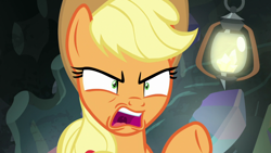 Size: 1920x1080 | Tagged: safe, screencap, character:applejack, species:earth pony, species:pony, episode:dragon dropped, g4, my little pony: friendship is magic, angry, applejack is not amused, female, gem cave, irritated, lantern, looking at someone, mare, pointing, ponytail, shrunken pupils, solo, unamused, uvula, yelling