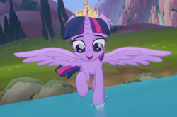 Size: 724x478 | Tagged: safe, screencap, character:twilight sparkle, character:twilight sparkle (alicorn), species:alicorn, species:pony, my little pony: the movie (2017), cropped, crown, female, flying, jewelry, lake, looking down, mare, open mouth, regalia, solo, spread wings, wings