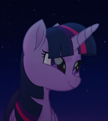 Size: 728x813 | Tagged: safe, screencap, character:twilight sparkle, character:twilight sparkle (alicorn), species:alicorn, species:pony, my little pony: the movie (2017), cropped, female, mare, narrowed eyes, night, smiling, solo