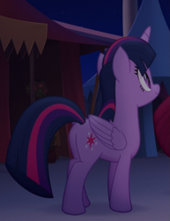 Size: 527x683 | Tagged: safe, screencap, character:twilight sparkle, character:twilight sparkle (alicorn), species:alicorn, species:pony, my little pony: the movie (2017), butt, cropped, female, folded wings, mare, night, plot, rear view, smiling, solo, wings