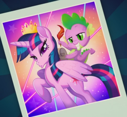 Size: 728x671 | Tagged: safe, screencap, character:spike, character:twilight sparkle, character:twilight sparkle (alicorn), species:alicorn, species:dragon, species:pony, my little pony: the movie (2017), cropped, crown, dragons riding ponies, duckface, duo, female, jewelry, male, mare, picture, quill, raised hoof, regalia, riding, smiling