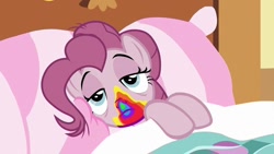 Size: 1280x720 | Tagged: safe, screencap, character:pinkie pie, episode:28 pranks later, g4, my little pony: friendship is magic, bed, in bed, rainbow muzzle, solo