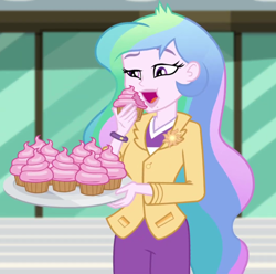 Size: 1062x1052 | Tagged: safe, screencap, character:princess celestia, character:principal celestia, equestria girls:holidays unwrapped, g4, my little pony:equestria girls, blazer, cake, cakelestia, canterlot high, cropped, cupcake, eating, female, food, frosting, imagine spot, majestic as fuck, open mouth, pistachio cream cupcake, plate, solo, this will end in weight gain, winter break-in