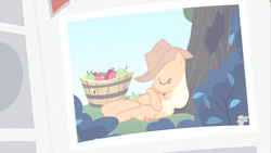 Size: 1152x648 | Tagged: safe, screencap, character:applejack, species:earth pony, species:pony, episode:ponyville confidential, g4, my little pony: friendship is magic, applejack's hat, cowboy hat, crossed hooves, crossed legs, female, freckles, gabby gums, gossip, lazy, mare, newspaper, photo, ponytail, sleeping, solo, stetson