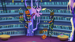 Size: 1920x1080 | Tagged: safe, screencap, character:twilight sparkle, character:twilight sparkle (alicorn), species:alicorn, species:pony, episode:dragon dropped, g4, my little pony: friendship is magic, book, bookshelf, crystal, female, flying, ladder, library, mare, solo, spread wings, startled, twilight's castle, twilight's castle library, wings