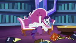 Size: 1920x1080 | Tagged: safe, screencap, character:rarity, species:pony, species:unicorn, episode:dragon dropped, g4, my little pony: friendship is magic, book, bookshelf, couch, fainting couch, female, library, mare, marshmelodrama, messy mane, on back, rarity being rarity, solo, twilight's castle, twilight's castle library