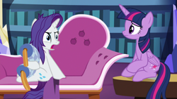 Size: 1920x1080 | Tagged: safe, screencap, character:rarity, character:twilight sparkle, character:twilight sparkle (alicorn), species:alicorn, species:pony, species:unicorn, episode:dragon dropped, g4, my little pony: friendship is magic, bookshelf, couch, duo, fainting couch, female, library, mare, messy mane, sitting, throw pillow, twilight's castle, twilight's castle library