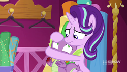 Size: 1280x720 | Tagged: safe, screencap, character:spike, character:starlight glimmer, species:dragon, species:pony, species:unicorn, episode:a-dressing memories, 9now, carousel boutique, claws, covering mouth, duo, female, frown, implied injury, looking at each other, male, mare, nine network, shrunken pupils, sweat, winged spike