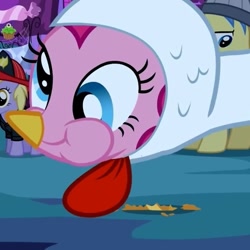 Size: 641x640 | Tagged: safe, screencap, character:dinky hooves, character:goldengrape, character:pinkie pie, episode:luna eclipsed, g4, my little pony: friendship is magic, animal costume, chicken pie, chicken suit, clothing, costume, derp, firefighter, nightmare night costume, puffy cheeks, solo focus