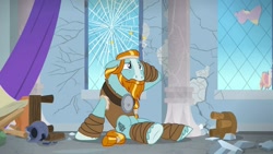 Size: 1280x720 | Tagged: safe, screencap, character:rockhoof, species:pony, episode:a rockhoof and a hard place, g4, my little pony: friendship is magic, broken glass, circling stars, clothing, cracks, destruction, dizzy, male, sitting, solo, stallion