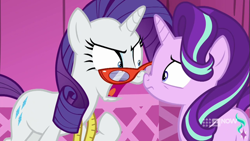 Size: 711x400 | Tagged: safe, screencap, character:rarity, character:starlight glimmer, episode:a-dressing memories, boop, carousel boutique, measuring tape, noseboop, rarity's glasses