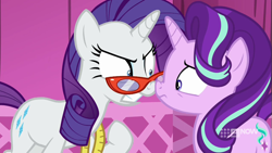 Size: 711x400 | Tagged: safe, screencap, character:rarity, character:starlight glimmer, episode:a-dressing memories, boop, carousel boutique, glasses, measuring tape, noseboop, rarity's glasses