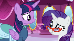 Size: 711x400 | Tagged: safe, screencap, character:rarity, character:twilight sparkle, character:twilight sparkle (alicorn), species:alicorn, species:pony, episode:a-dressing memories, clothing, dress, mirror, rarity's glasses