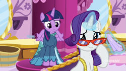 Size: 711x400 | Tagged: safe, screencap, character:rarity, character:twilight sparkle, character:twilight sparkle (alicorn), species:alicorn, species:pony, species:unicorn, episode:a-dressing memories, clothing, crying, dress, female, glasses, glowing horn, handkerchief, horn, magic, mare, measuring tape, mirror, rarity's glasses, teary eyes, telekinesis