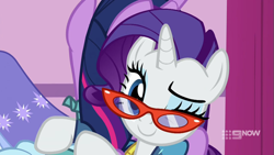 Size: 711x400 | Tagged: safe, screencap, character:rarity, character:twilight sparkle, character:twilight sparkle (alicorn), species:alicorn, species:pony, species:unicorn, episode:a-dressing memories, beautiful, clothing, dress, duo, eyeshadow, female, friends, hair flip, hug, makeup, mare, rarity's glasses, rear view, smiling, wink