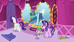Size: 1920x1080 | Tagged: safe, screencap, character:rarity, character:spike, character:starlight glimmer, species:dragon, species:pony, species:unicorn, episode:a-dressing memories, animated, book, carousel boutique, clothing, glasses, glasses rarity, levitation, magic, magic aura, mannequin, measuring tape, mirror, rarity's glasses, sound, telekinesis, webm, winged spike