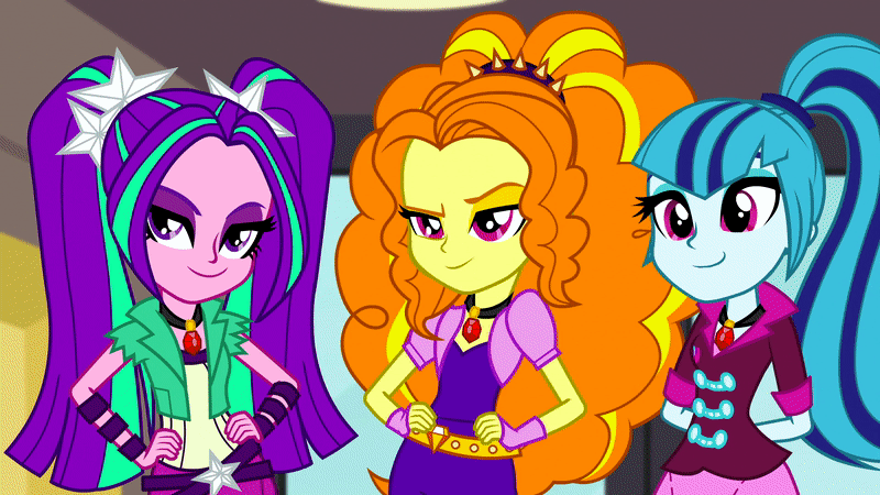 Size: 800x450 | Tagged: safe, screencap, character:adagio dazzle, character:aria blaze, character:sonata dusk, equestria girls:rainbow rocks, g4, my little pony:equestria girls, animated, evil planning in progress, evil smirk, female, gem, gif, pigtails, ponytail, siren gem, teenager, the dazzlings, trio, trio female, twintails